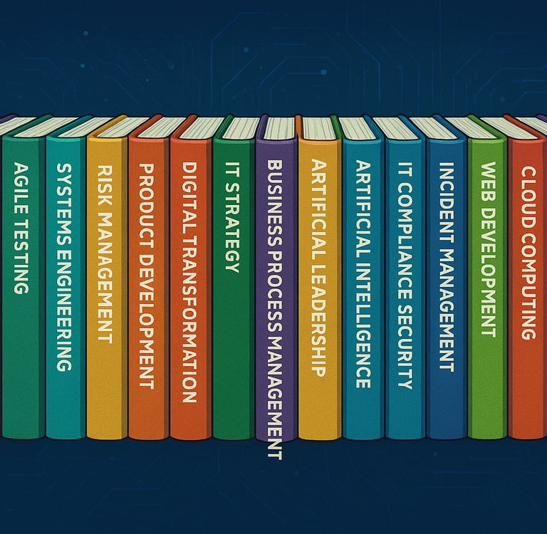 A row of books stood up showing spines with titles relating to IT