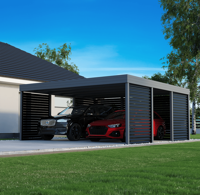 Nowoczesna wiata samochodowa dwustanowiskowa z czarnymi żaluzjami