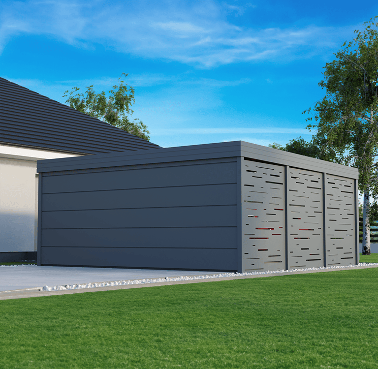 Nowoczesna wiata samochodowa dwustanowiskowa z bramą garażową