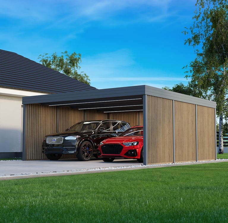 Nowoczesny carport samochodowy dwustanowiskowa z żaluzjami pionowymi
