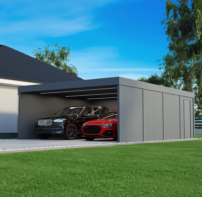 Nowoczesna wiata samochodowa dwustanowiskowa z pomieszczeniem gospodarczym