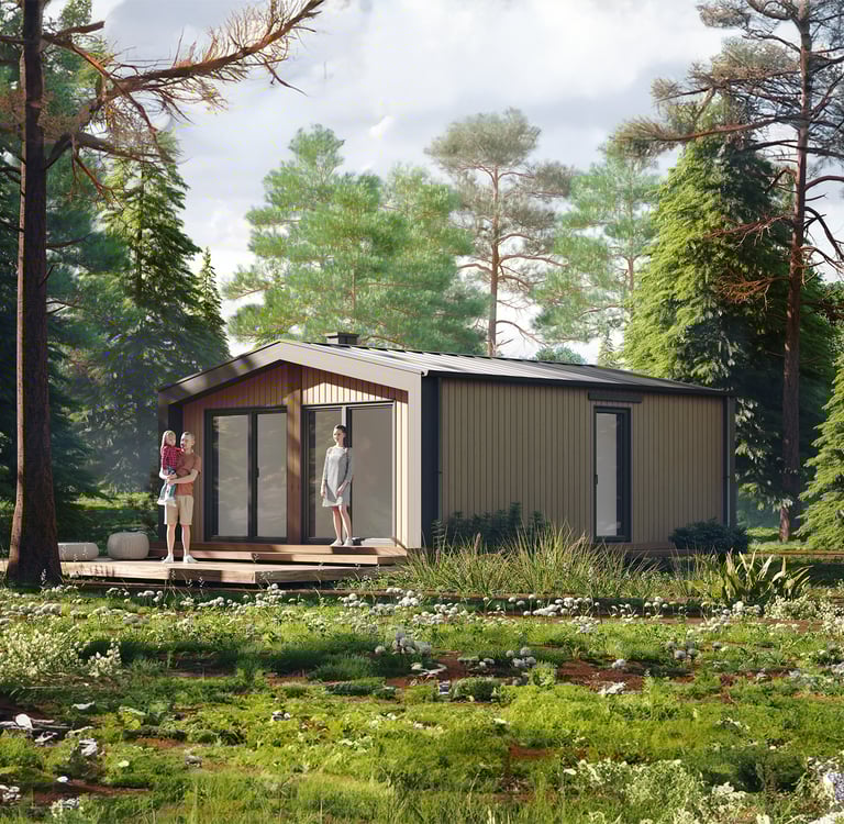 Energooszczędny dom modułowy parterowy o powierzchni poniżej 50 m² wykończony deską elewacyjną