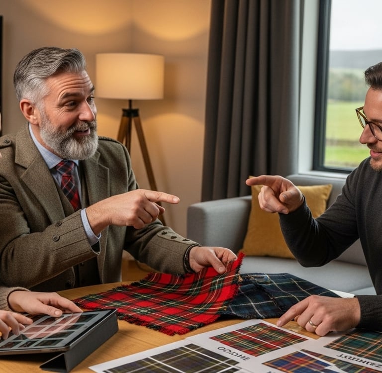 Scottish family or pipe band leader discussing tartan swatches and digital proofs with a ZESTLET designer