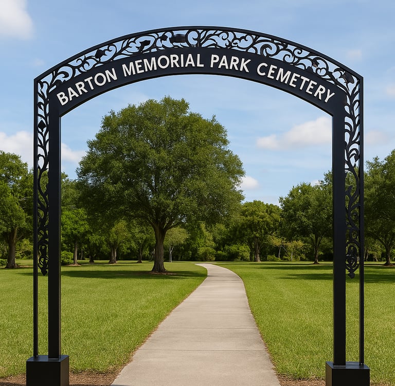 a sign that says barton memorial park in front of a park