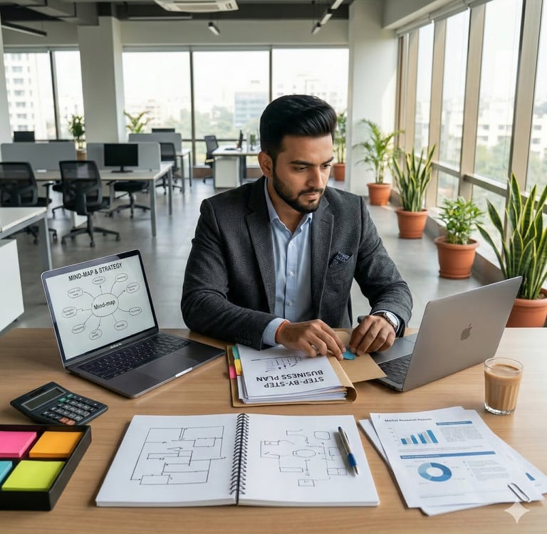 Professional businessman working on a business plan and mind map strategy at a modern office desk.
