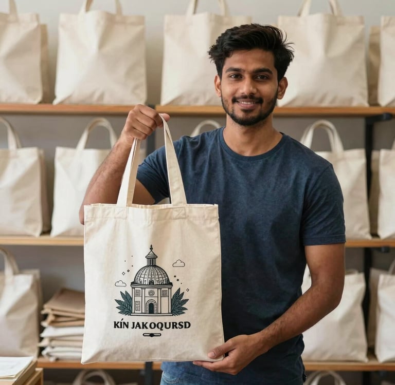 A man holding a custom printed canvas tote bag featuring a building illustration in a retail shop.