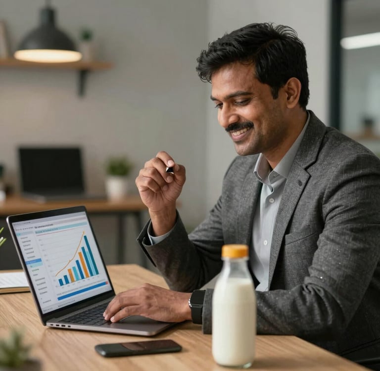 Smiling businessman reviewing sales growth data on a laptop while working in a modern office.