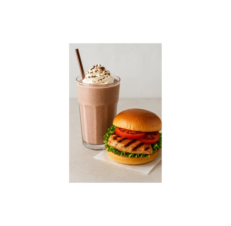 Grilled chicken sandwich with a chocolate shake.