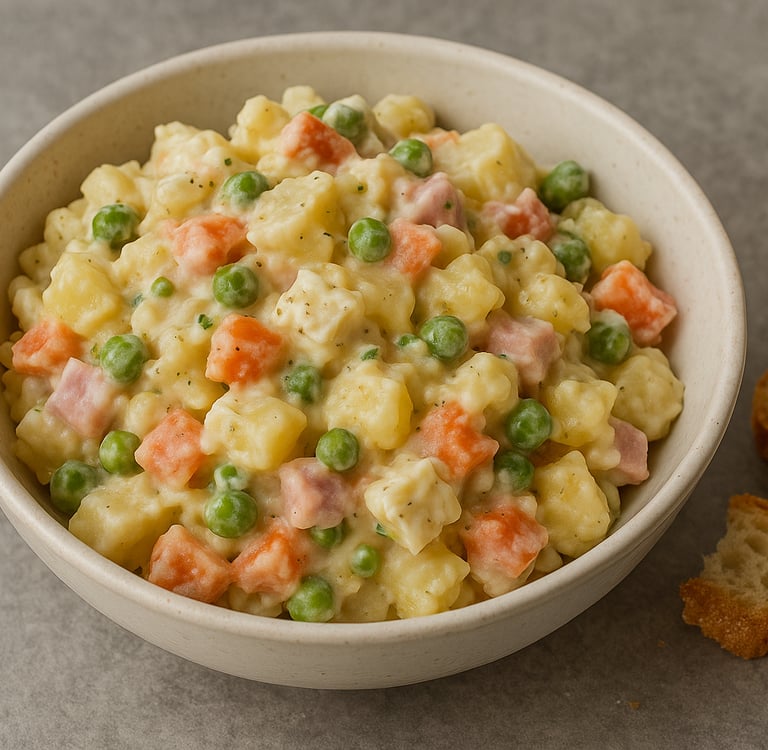 Ensaladilla rusa cremosa con patata, zanahoria, guisantes y jamón cocido. Ideal para diario.