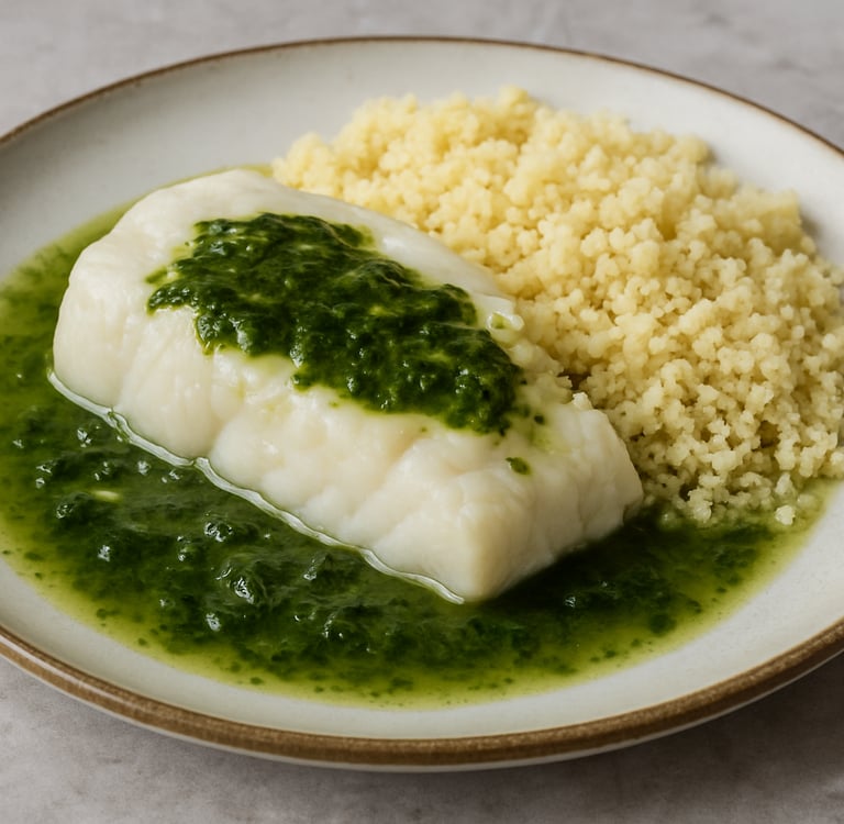 Merluza en salsa verde de algas con cuscús. Ligero, saludable y perfecto para el menú diario.