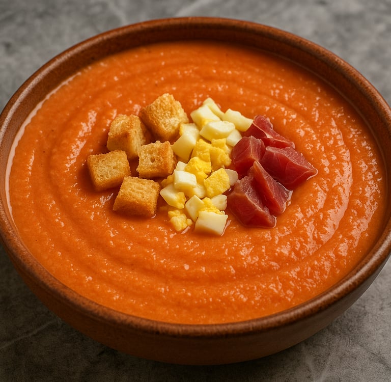 Porra antequerana con jamón, huevo cocido y picatostes. Plato fresco, sabroso y ideal a diario.