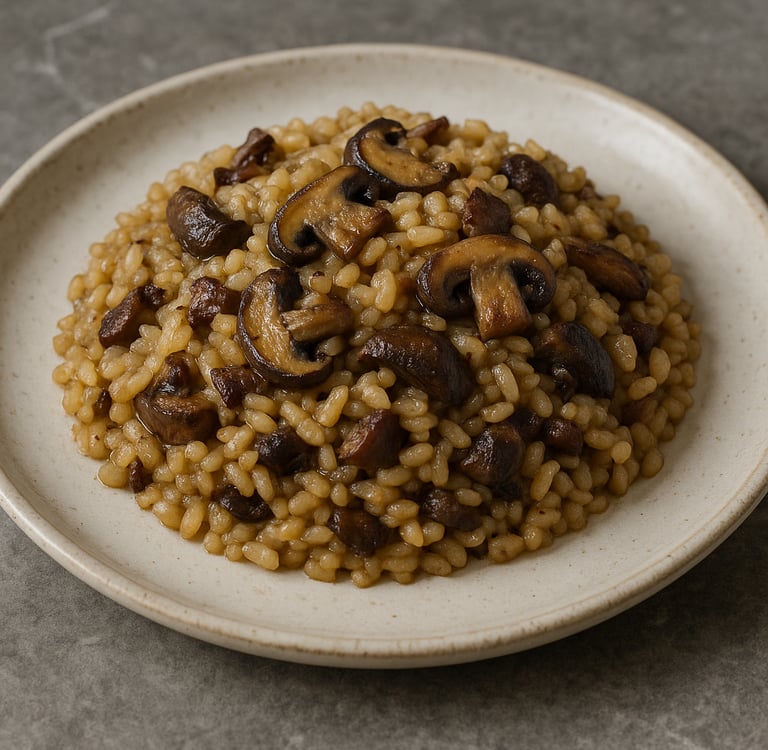 Arroz meloso con setas salteadas, un plato casero, reconfortante y perfecto para menús diarios