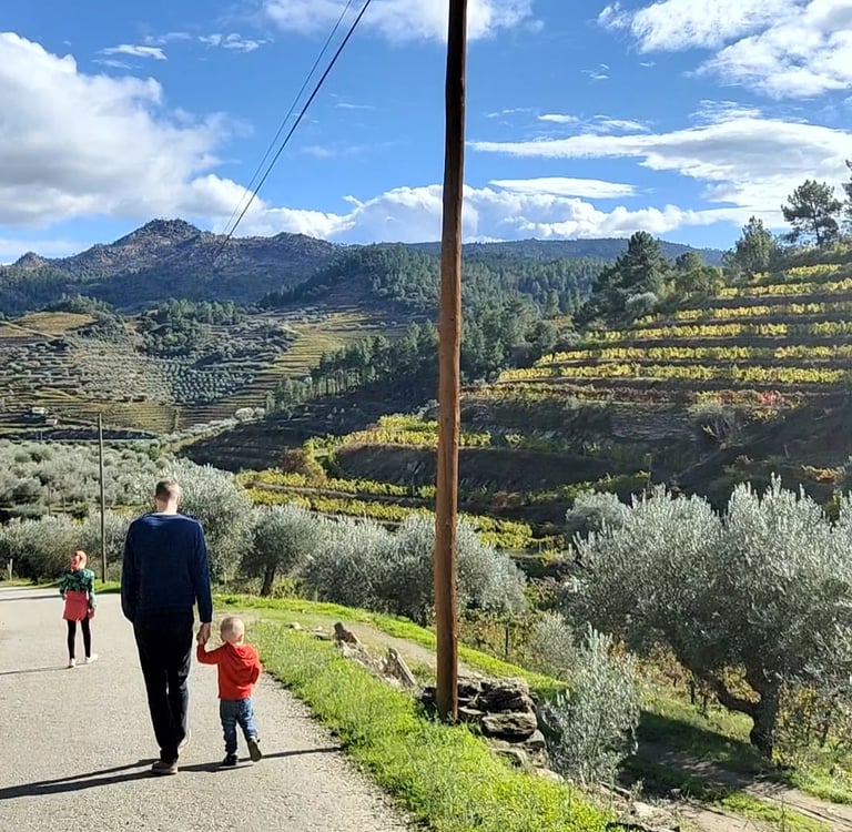 a man and two children walking down a path