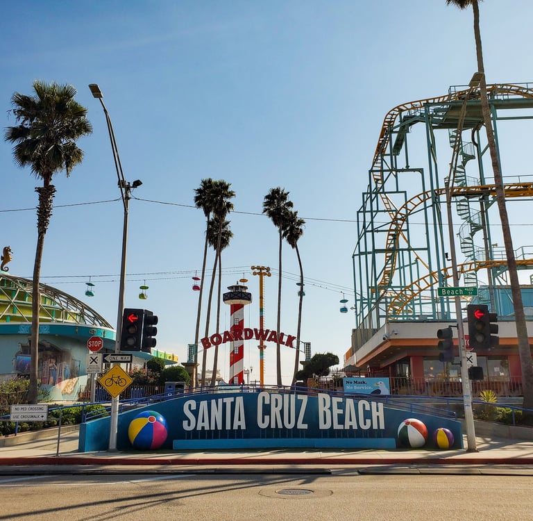 Sign for Santa Cruz Beach Boardwalk during sunset