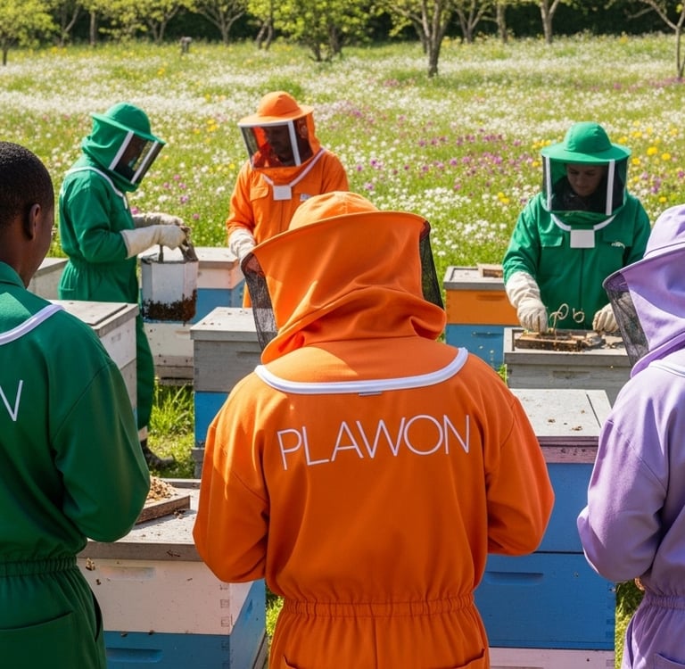 Custom embroidered bee suits in various colors worn by beekeepers.