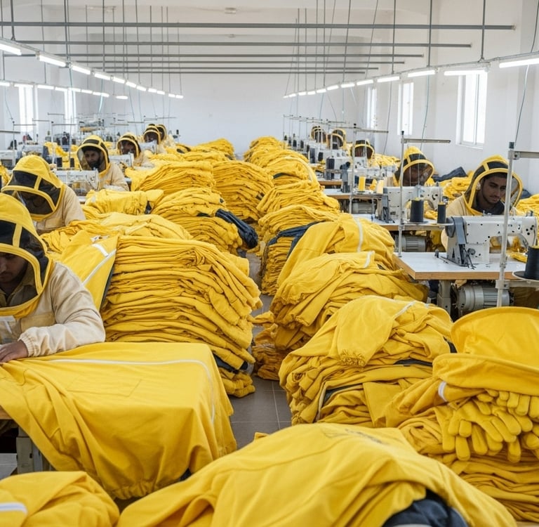 Bee suit manufacturing facility in Sialkot, Pakistan, by Heliotrope Bee.