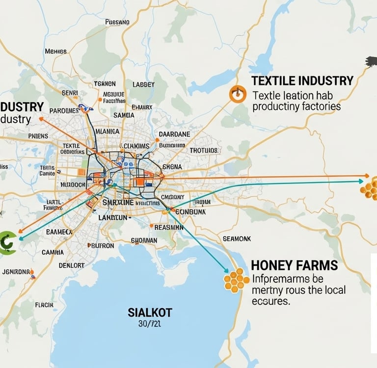 Map showing Sialkot, Pakistan, as the hub of bee suit manufacturing.