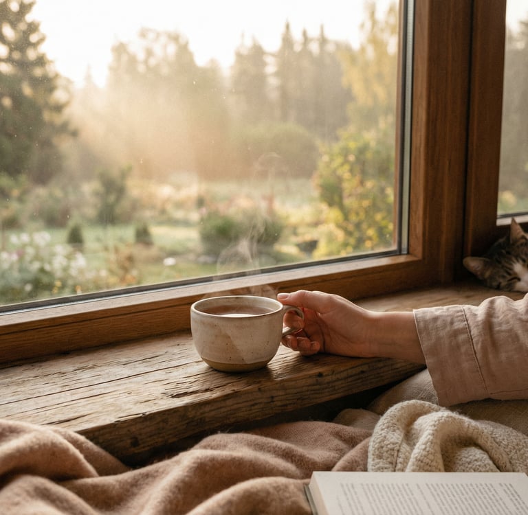 matin calme femme derrière une fenetre au soleil avec une tasse son chat dort à côté d'elle