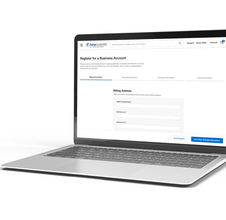 Fisher Scientific business account registration form displayed on a silver laptop screen.