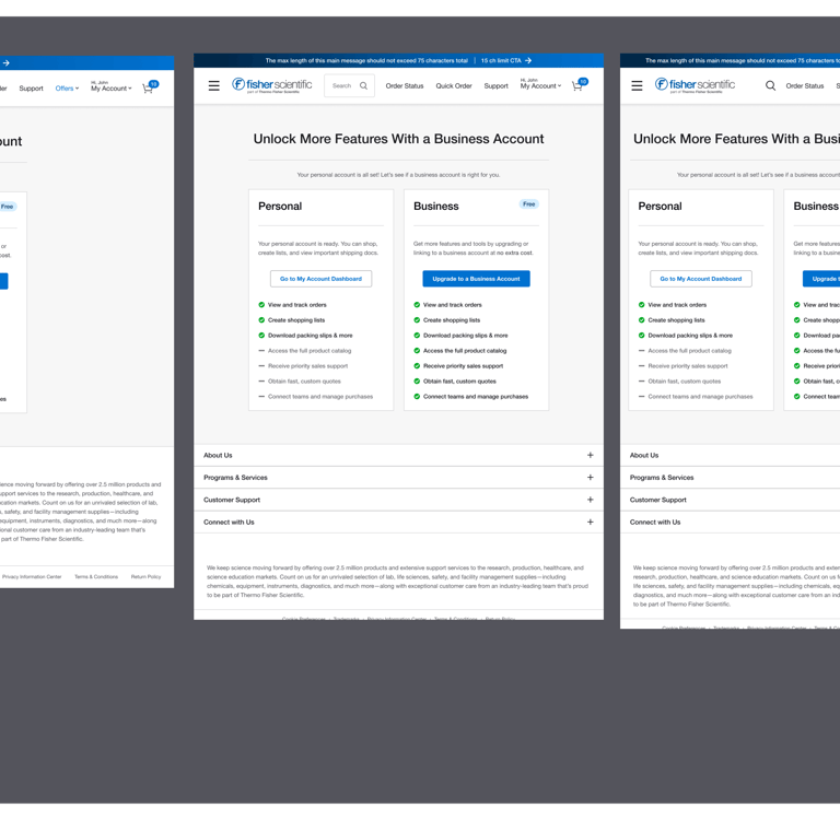 Responsive website layouts showing business account benefits on Fisher Scientific's e-commerce platform across devices.