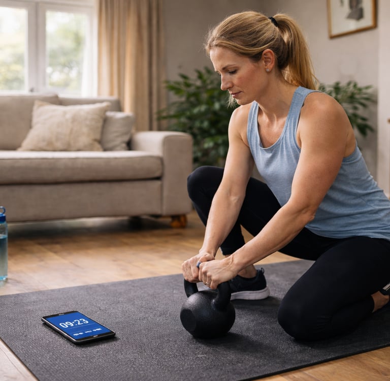 obb Sheridan personal training client using a kettlebell at home as part of her training