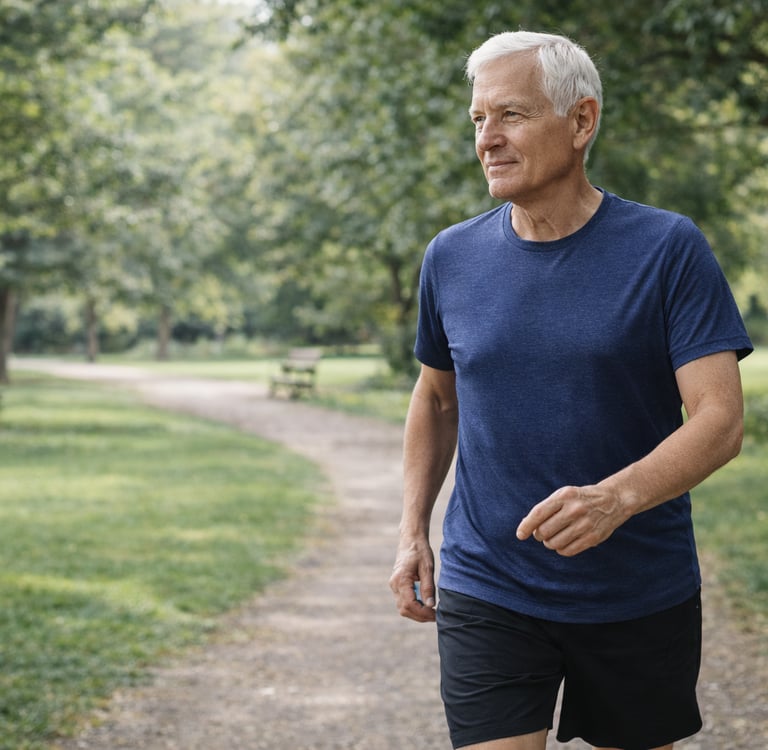 Older Robb Sheridan personal training client walking in a park for fitness