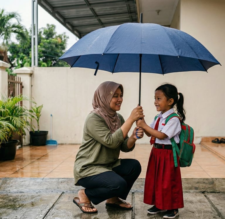 Mengajar anak menggunakan payung