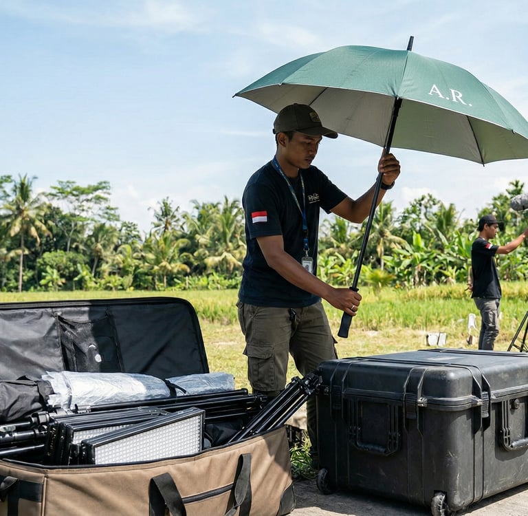 Pria memayungi peralatan kamera film