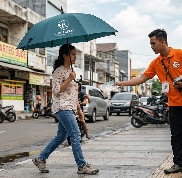 Pembagian brosur ke pengguna payung promosi
