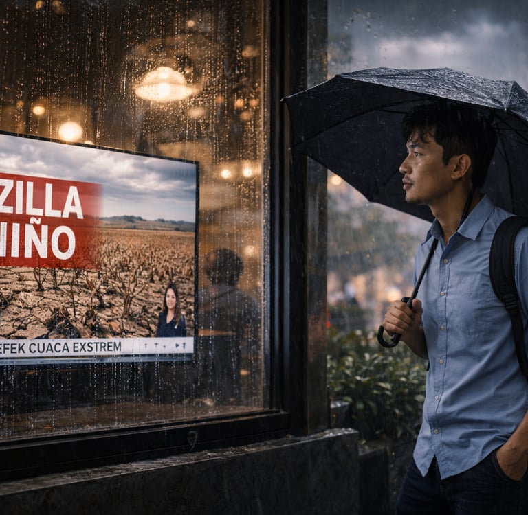 Pria berpayung menonton berita El Niño