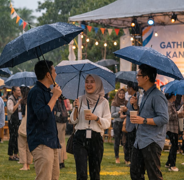 Orang-orang menggunakan payung saat menghadiri gathering kantor outdoor di tengah gerimis