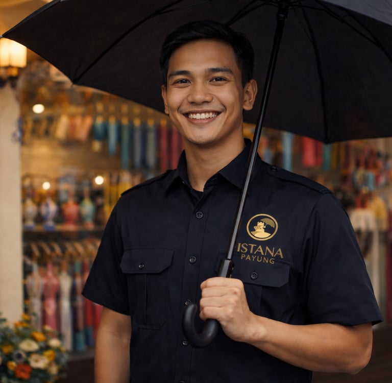 Pria tersenyum ramah sambil memegang payung