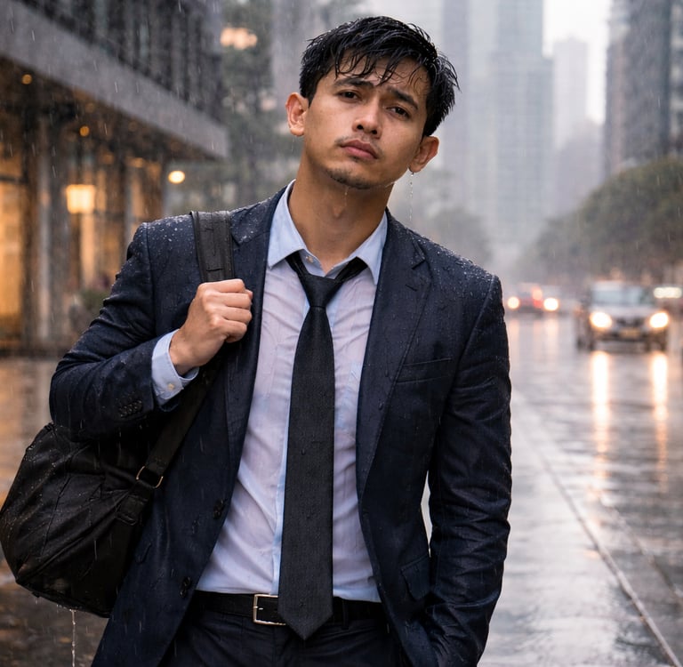 Seorang pria kehujanan karena tidak membawa payung