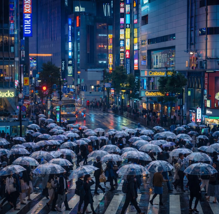 Kerumunan pejalan kaki menggunakan payung