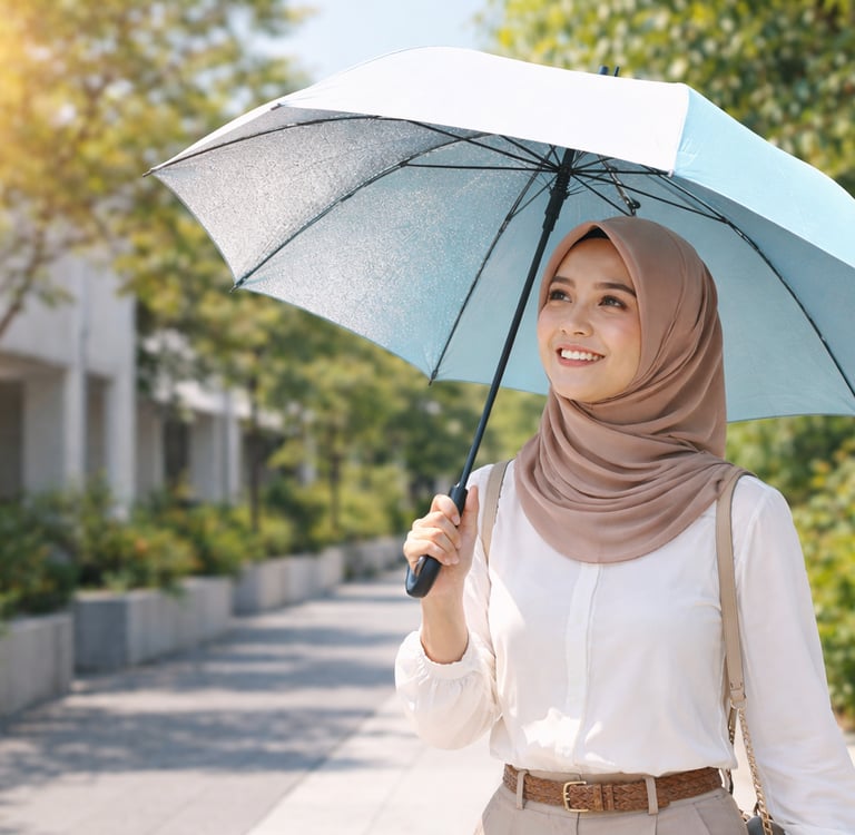 Wanita pakai payung anti UV di bawah terik matahari