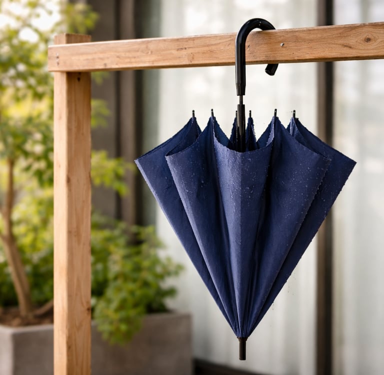 Payung dikeringkan di teras rumah