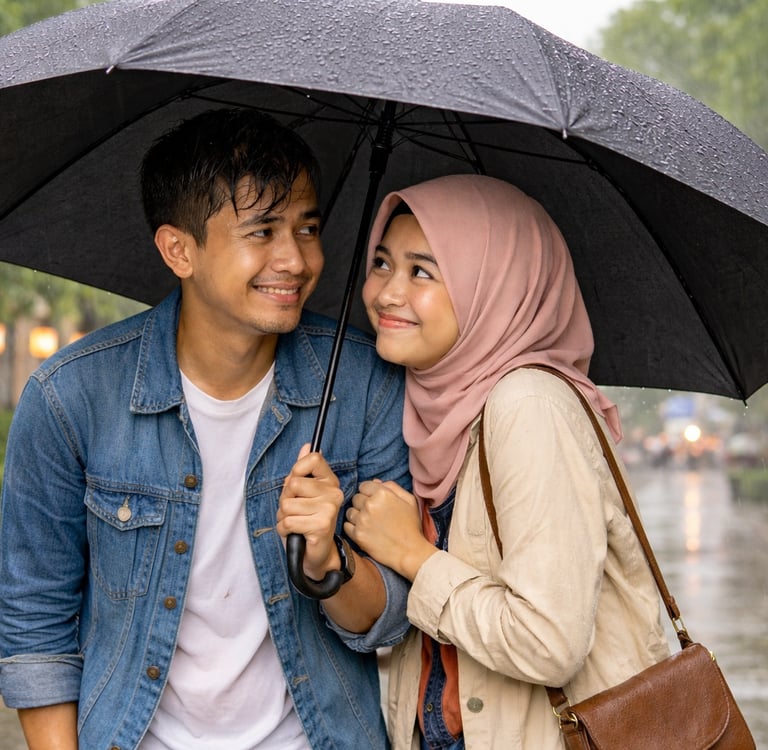 Pasangan menggunakan payung golf saat hujan