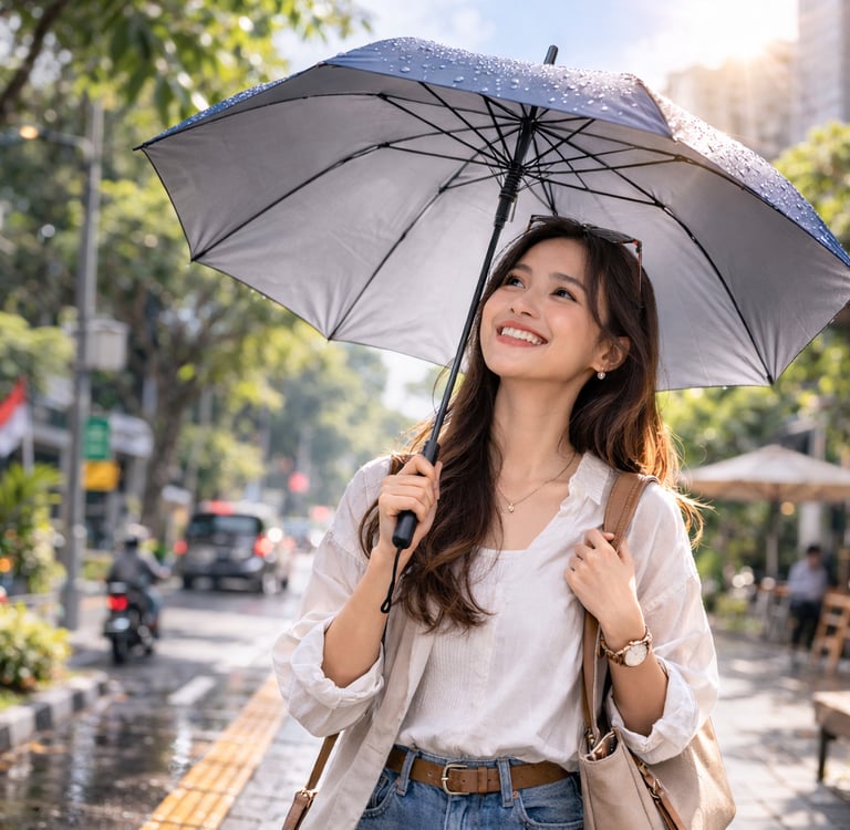 Wanita menggunakan payung sebagai bagian dari lifestyle urban