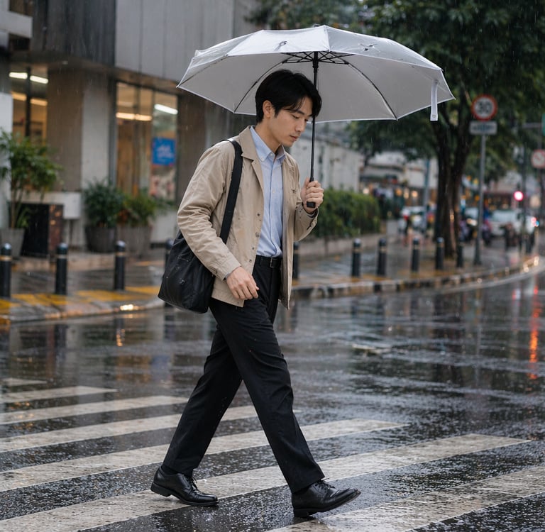 Pria menyebrang pakai payung lipat