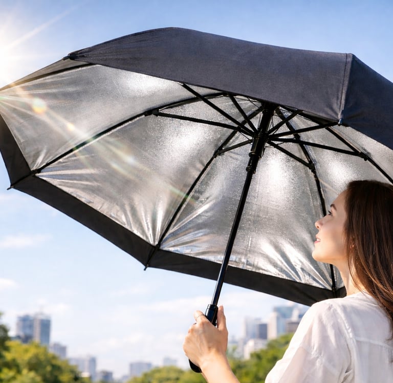 Wanita berteduh di bawah payung anti UV