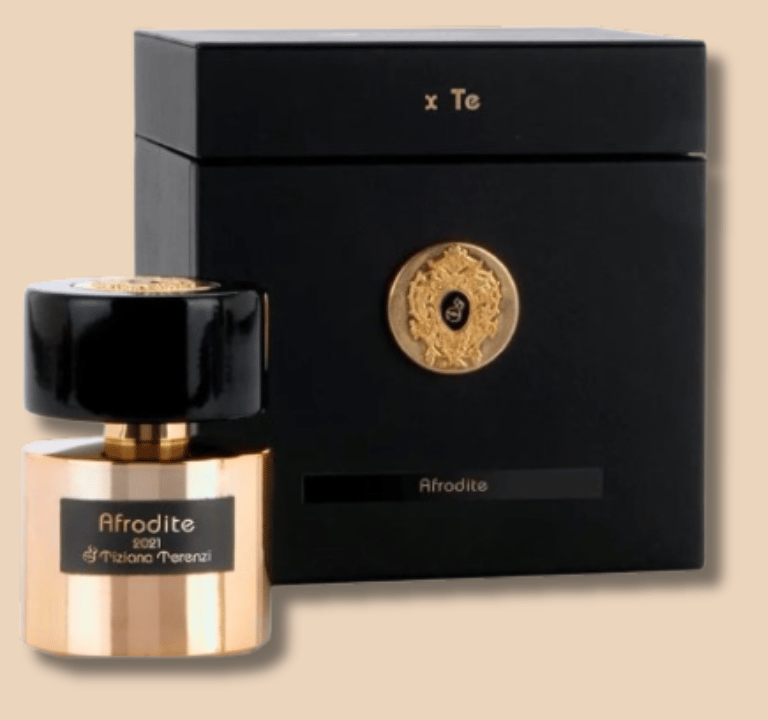 a bottle of perfume with a black box and a gold medal