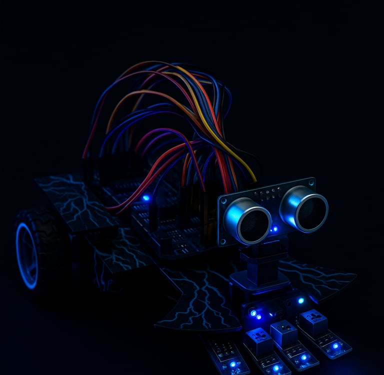 Stylized cyberpunk-themed photograph of a custom Arduino line-following robot with multiple IR senso