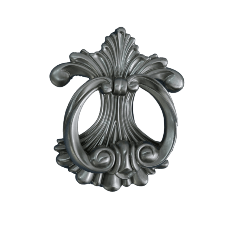 a metal door handle with a decorative design