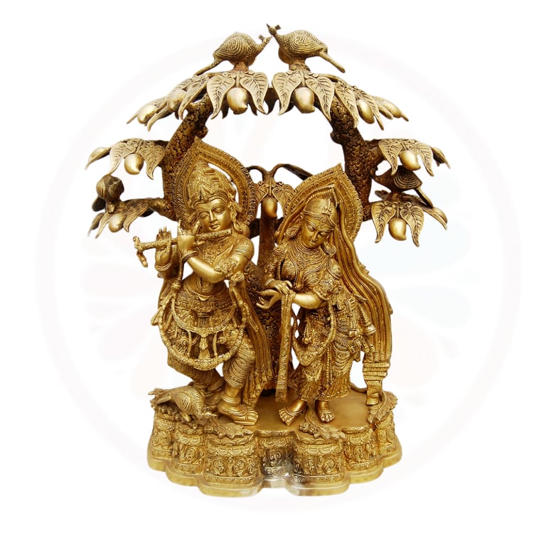 a gold radha krishna under tha mango tree Antique Finish Radha Krishna Brass Statue India