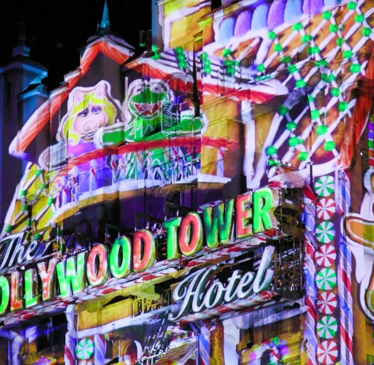Sunset Seasons Greetings (Hollywood Studios) - Hollywood Tower Tower Hotel with Muppets Holiday overlay
