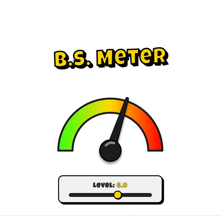 B.S. Meter graphic featuring a gauge with a green, yellow, and red scale, used to rate the level of nonsense or frustration.