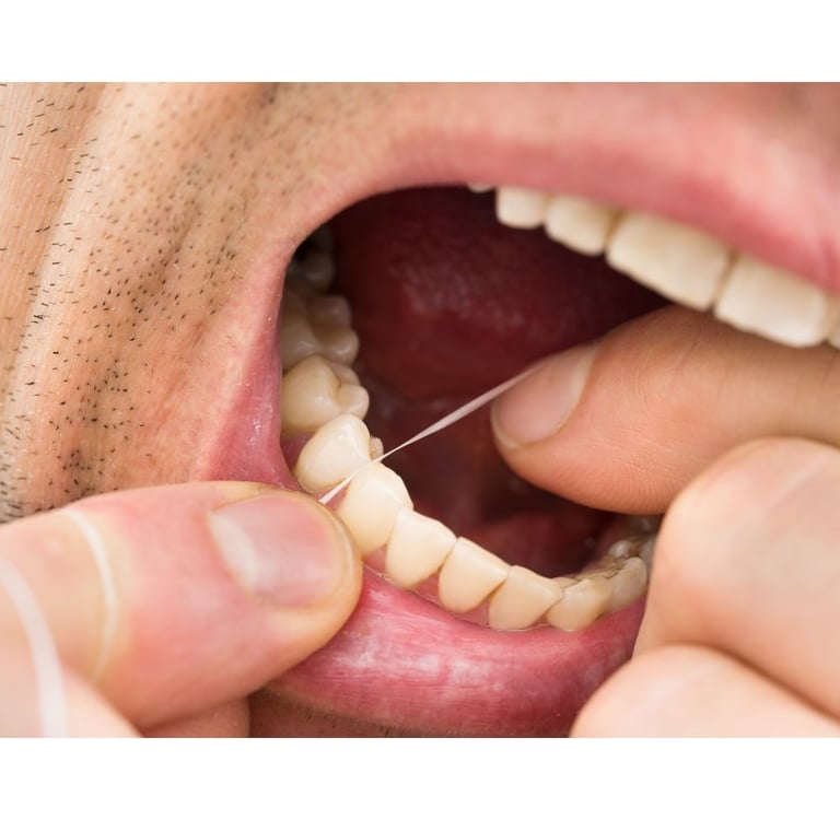 a man cleaning his teeth using dental floss