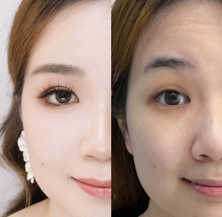 香港新娘化妝的前後對比圖,主要在於眼型調整以及眉形設計