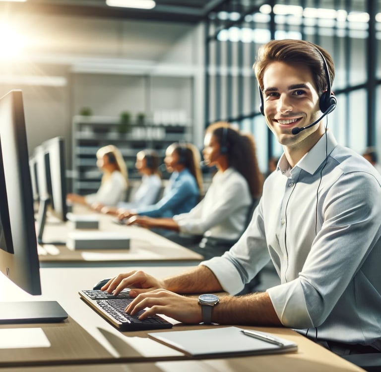 Representante de ajuda remota alegre por ajudar