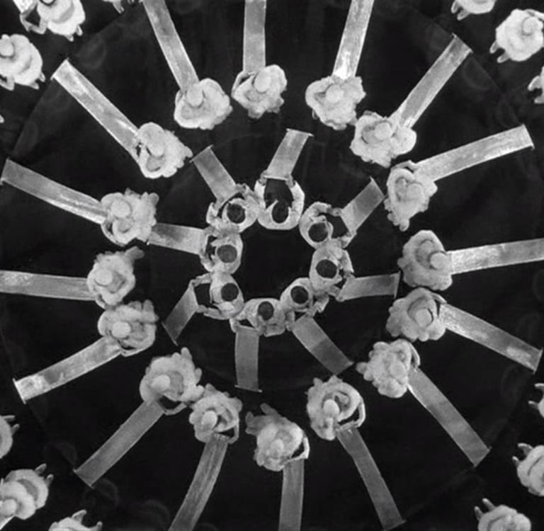 Overhead kaleidoscope of Busby Berkeley chorus girls with ribbons in 42nd Street (1933) “Young and H